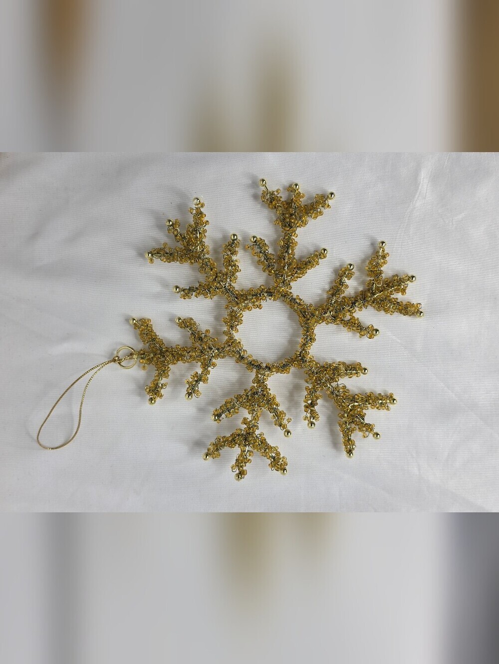 Vintage Gold Beaded Wire Snowflake Christmas Ornament Large 7" Holiday Decor